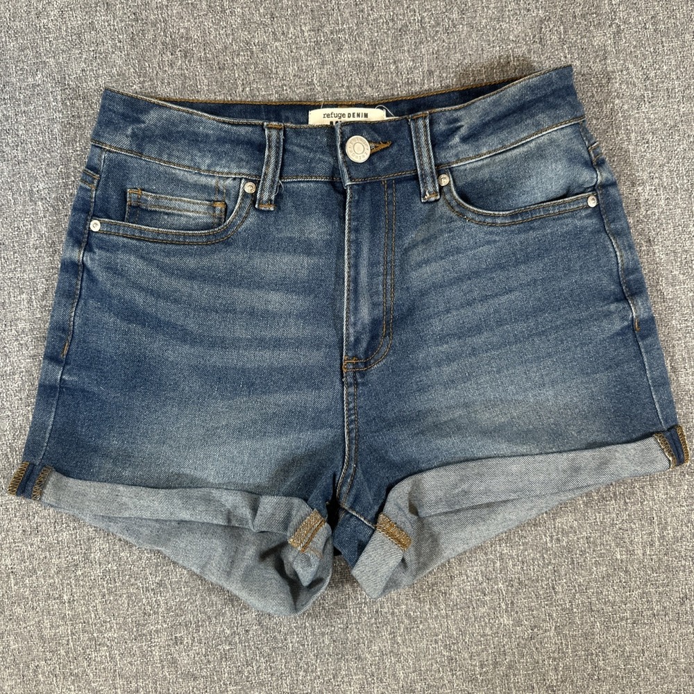 Refuge Denim Miami Women's High Rise Cuffed Jean Shorts Size 3 Blue Stretch